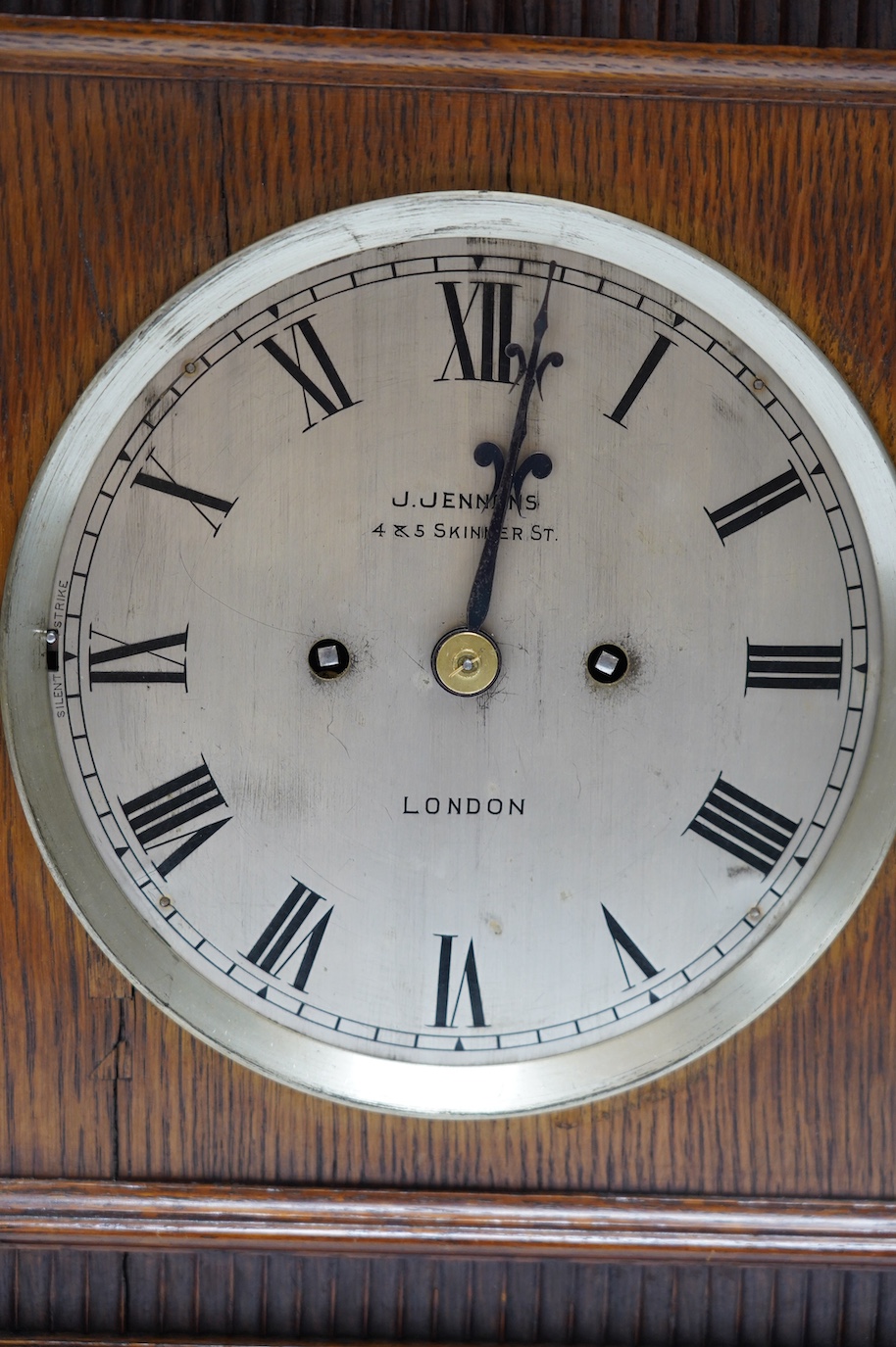 A mid 19th century oak eight day mantel clock, signed J. Jennens, Skinner St. London, pendulum, no key. 45cm. Condition - fair to good, a little faded in areas. Not tested as working